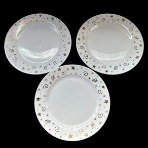Set of 3 Pampered Chef Celebration white  gold stars swirls 8” dessert plates